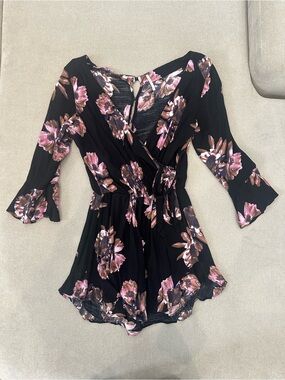 Free People All The Right Ruffles Pink and Black Wrap Romper